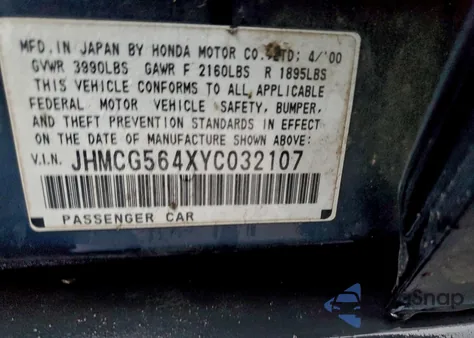 2000 Honda Accord Lx z USA, uszkodzony, nr VIN JHMCG564XYC032107